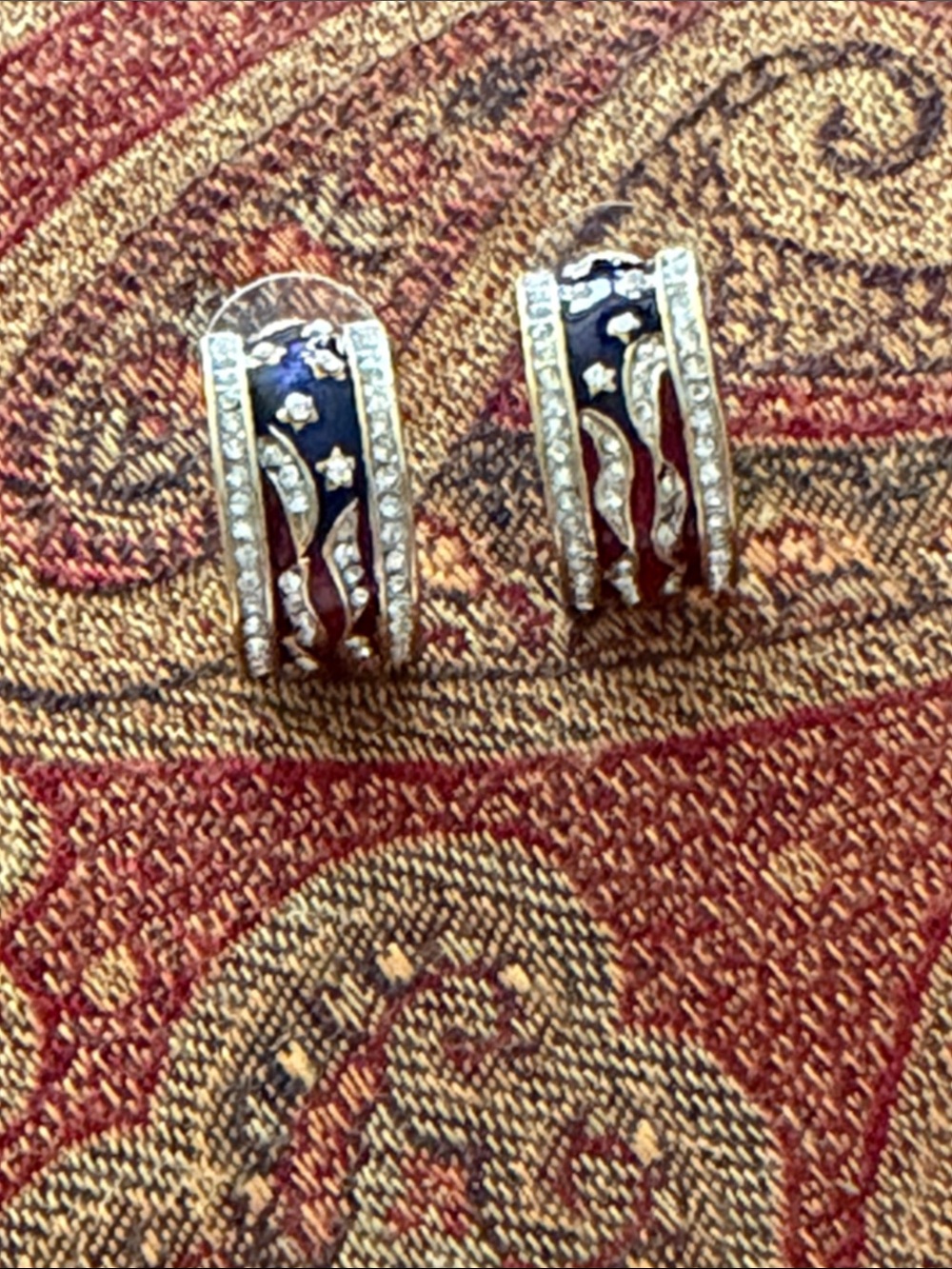 Pierced earrings half hoops patriotic fireworks red white and blue gold tone